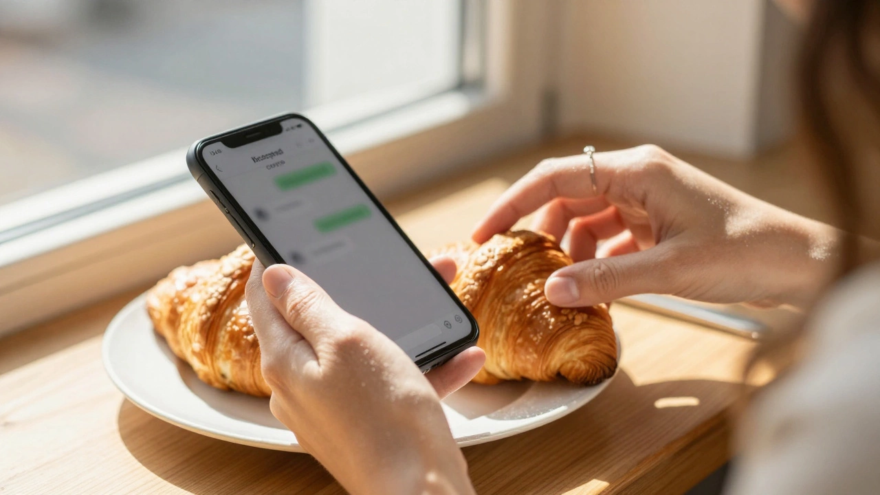 A woman’s hands placing a croissant in a bakery, a smartphone nearby, flour on her wrist, wedding ring visible.
