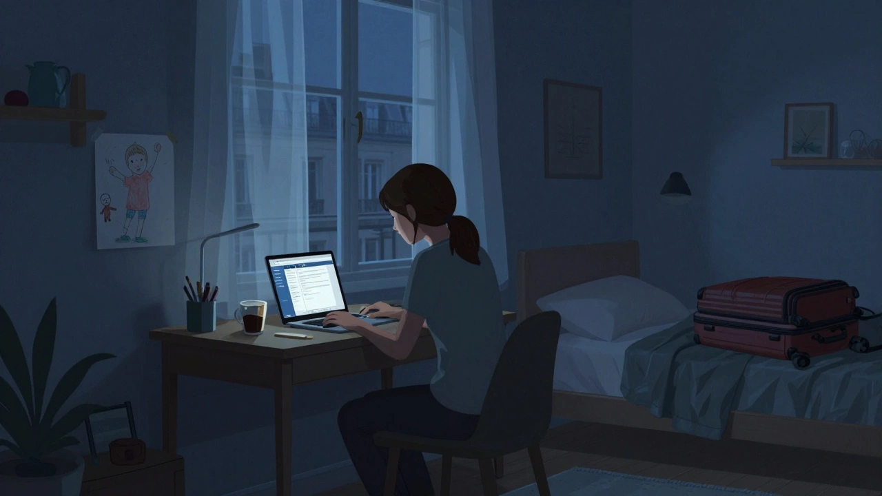 A woman works on a laptop in a modest Paris apartment, a child’s drawing on the wall, soft light filtering through curtains.